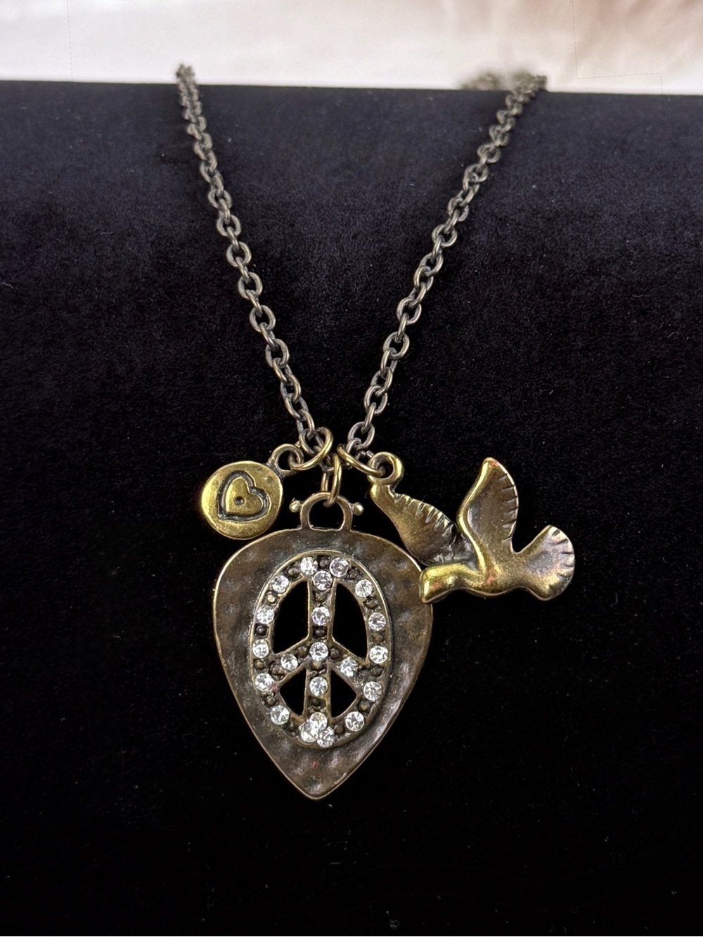 Beautiful bronze stone, 3 charm peace sign, heart, bird,  long costume necklace
